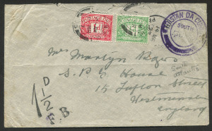 Tristan da Cunha: Postal History: 1927 (Feb.15) visit of the Royal Mail Line ship R.M.S. ASTURIAS: cover to England with type II cachet (SG.C2 - from £425) in violet; taxed on arrival with appropriate handstamps and adhesives.