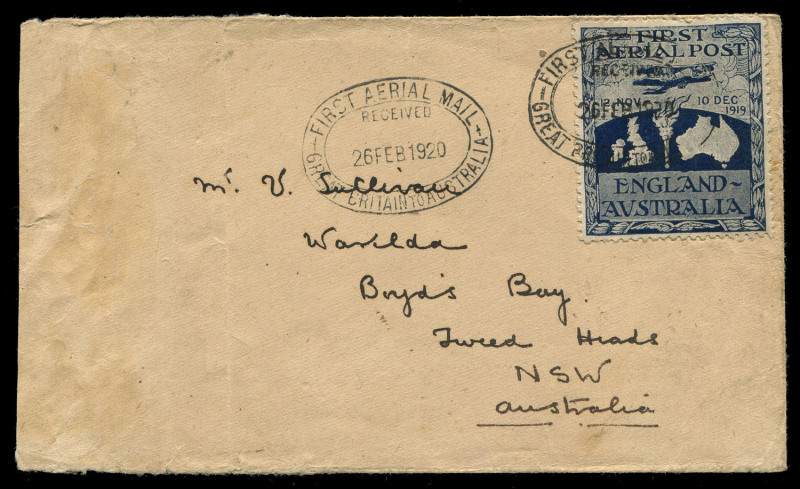 AUSTRALIA: Aerophilately & Flight Covers: Nov.1919 - Feb.1920 (AAMC.27a) a "Ross Smith" vignette attractively tied by one of 2 strikes of the oval "FIRST AERIAL MAIL" cachet on a cover picked up at RAMADI, MESOPOTAMIA, one of the refuelling stops on the f