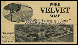 AUSTRALIA: Aerophilately & Flight Covers: Aug.1920 (AAMC.47c) "Velvet Soap" advertising postcard dropped over Melbourne by R. Graham Carey in his Maurice Farman Shorthorn biplane, as depicted on the card. The reverse of the card shows Carey in the cockpit and an aerial view of the soapworks of J. Kitchen & Sons, the manufacturers of Velvet Soap and is signed by the pilot. Excellent condition. [Eustis says "Only four cards known". His example, unsigned by Carey, sold for $4000 + commission in our