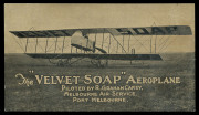 AUSTRALIA: Aerophilately & Flight Covers: Aug.1920 (AAMC.47c) "Velvet Soap" advertising postcard dropped over Melbourne by R. Graham Carey in his Maurice Farman Shorthorn biplane, as depicted on the card. The reverse of the card shows Carey in the cockpit - 2