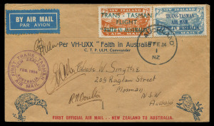 AUSTRALIA: Aerophilately & Flight Covers: 17 Feb.1934 (NZAMC.81c, AAMC.361a) New Zealand - Australia cover flown by Ulm in "Faith in Australia" with the unique franking of the issued 7d light blue Trans Tasman opt. used in combination with the "TRANS - TASMAN FLIGHT / 'FAITH IN AUSTRALIA" overprint essay on the 7d brown-orange