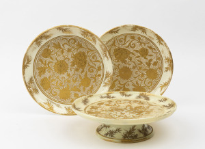 THOMAS WEBB antique glass tazza and two plates with gilt decorated highlights, 19th century, (3 items), stamped "WEBB" in pictorial mark, the tazza 7cm high, 23cm diameter