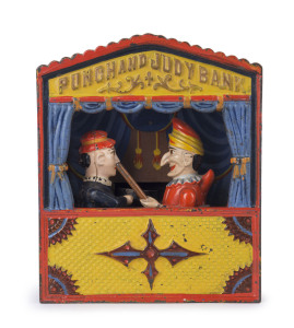 "PUNCH AND JUDY BANK" American painted cast iron novelty money bank, marked "BUFFALO NY-USA, PAT'd in U.S. JULY 15th 84", late 19th century, 19cm high,