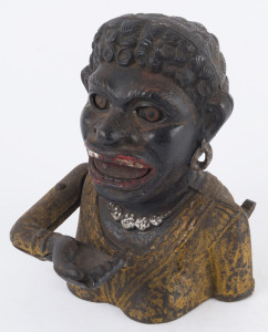 "DINAH" American painted cast iron novelty money bank, stamped "MADE IN ENGLAND", late 19th century, 17cm high,