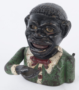 Antique American green painted cast iron novelty money bank, (missing base plate), late 19th century, 16cm high,
