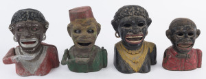 Four painted and cast novelty money banks, (damaged and parts missing) , "DINAH", (missing mechanism and base), "LITTLE JOE BANK", (missing mechanism parts and arm), a later cast aluminium "DINAH", (missing base), a later cast "BLACK BOY BANK", (missing b