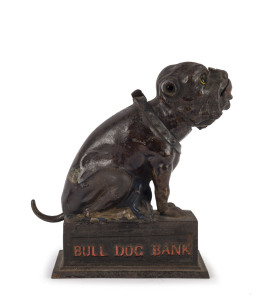 "BULL DOG BANK" American painted cast iron novelty money bank, "PAT'd, APR 27, 1880" cast into the base, late 19th century, ​20cm high,