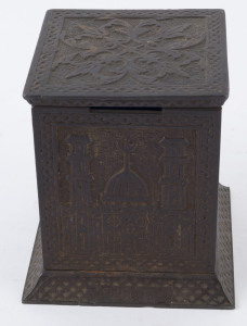 "ARABIAN SAFE" American cast iron money bank safe decorated with Arabian scenes, with original key, early 20th century, 12cm high, 10.5cm wide, 10cm deep,