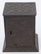 "ARABIAN SAFE" American cast iron money bank safe decorated with Arabian scenes, with original key, early 20th century, 12cm high, 10.5cm wide, 10cm deep, - 2