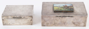 Two antique English sterling silver boxes, one with later applied enamel fox hunting scene, early 20th century, the larger 6.5cm high17cm wide, 9cm deep