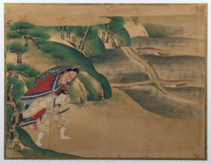 An antique Japanese painting of a samurai carrying a demon in landscape, Edo Period, 25 x 32cm