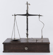 Pharmacy scales and weights, 20th century, 34cm high, 31cm wide, 17cm deep