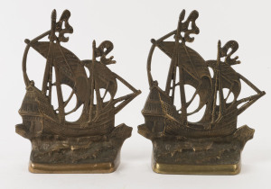 A pair of vintage galleon bookends, cast brass circa 1930, 21cm high