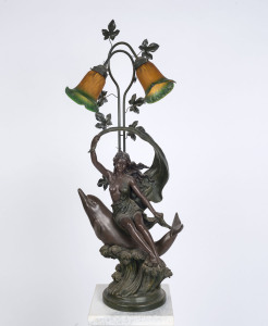 A reproduction figural lamp with dolphin and female nude, late 20th century, 105cm high