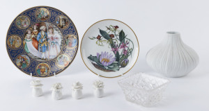 ROSENTHAL German white porcelain onion shaped vase, two Franklin Mint cabinet plates, four floral porcelain condiments, and a glass bowl, 20th century, (8 items), the larger plate24cm diameter