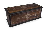 An Indo-Portuguese lift-top box, stained hardwood inlaid with bone and pearl shell, 19th century, 27cm high, 71cm wide, 30cm deep