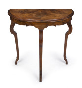 An antique American walnut demi-lune console table, 19th century, 76cm high, 75cm wide, 38cm deep