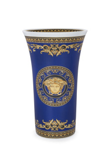 VERSACE Rosenthal "MEDUSA BLUE" German porcelain vase in original box, stamped "Rosenthal, Versace, Medusa Blue", ​26.5cm high, 16cm diameter