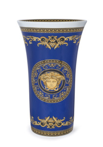 VERSACE Rosenthal "MEDUSA BLUE" German porcelain vase in original box, stamped "Rosenthal, Versace, Medusa Blue", ​34.5cm high, 21cm diameter