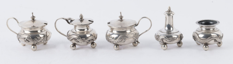 Five assorted Chinese silver condiments with dragon decoration, circa 1900, 270 grams, (5 items) The largest 6.5cm high
