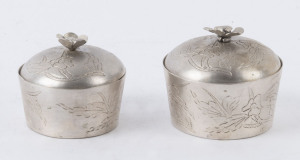 Two Chinese silver lidded pots with flower finials, 20th century, (2 items), the larger 5cm high, 95 grams total