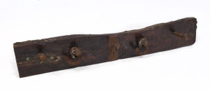 RAILWAYS inspired coat rack, timber and iron, 20th century, 117cm wide