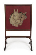 An antique fire screen, carved walnut with tapestry and applique equine panel, late 19th century, ​96cm high, 57cm wide, 32cm deep