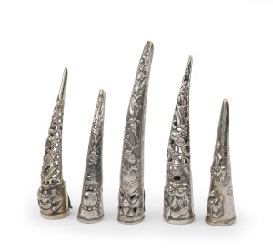 Five antique Chinese silver fingernail guards, Qing Dynasty, 19th century, the largest 8.5cm long, 38 grams total