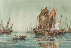 KAM CHEONG LING (China, 1911-1991), Junks at Aberdeen Harbour, Hong Kong, watercolour, signed lower left "Ling", 36.5 x 53.5cm frame 54 x 70cm overall. PROVENANCE: Private Collection Melbourne. Formerly the Gordon Nelson estate, (former Deputy Managing Director of the Hutchison Whampoa Property Group, Hong Kong).