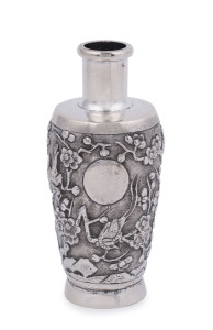 An antique Chinese export silver vase with embossed birds and floral landscape scene, 19th century, maker's mark for KWONG WOO of Canton, 10.5cm high, 73 grams