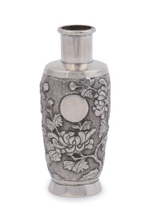 An antique Chinese export silver vase with embossed floral motif, 19th century, maker's mark for KWONG WOO of Canton, 11cm high, 87 grams