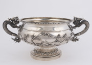 An impressive Chinese silver bowl with embossed floral motif and two finely cast dragon handles, 19th/20th century, ​stamped "CHEONG SHING", 12cm high, 28cm wide, 832 grams - 3