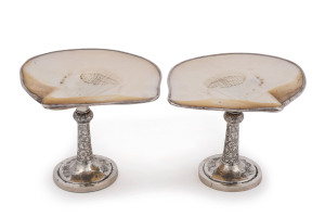 A fine pair of Chinese silver and mother of pearl tazzas with engraved floral and foliate designs, 19th century, seal mark to bases (rubbed), 14cm high, 19cm wide