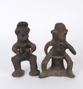 Male and Female figures, fired clay with incised decoration, Biwat River, Lower Sepik, Papua New Guinea, circa 1960, (2 items), 25.5cm and 24.5cm high