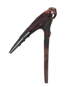 A dance ornament in the form of a bird's head, carved wood with remains of ochre and piped clay, Lower Sepik Region, Papua New Guinea, circa 1950, ​48cm high