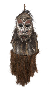Rare Tumbuan woven body shroud with attached wooden mask, Minimbit village, Sepik Region, Papua New Guinea, mid 20th century, ​165cm high