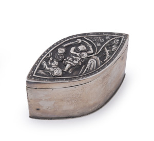 A rare Chinese silver opium box with repoussé design of LIU HAI and the Three-Legged Toad, representing good fortune and prosperity, 19th century, 3.5cm high, 7.5cm wide, 4cm deep, 98 grams. Liu Hai, a popular Chinese God of Wealth, was a 10th century Dao