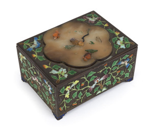 An antique Chinese gilded silver jewellery box with enamel decoration inset with mutton jade and semi-precious stones, early 20th century, 5cm high, 10.5cm wide, 8cm deep