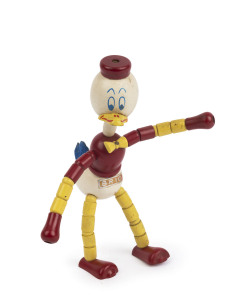BRIO (SWEDEN): jointed Disney wooden duck figurine, retaining 'BRIO' original sticker, stamped 'MADE IN SWEDEN' on base of right foot; 18cm high, c.1950s.