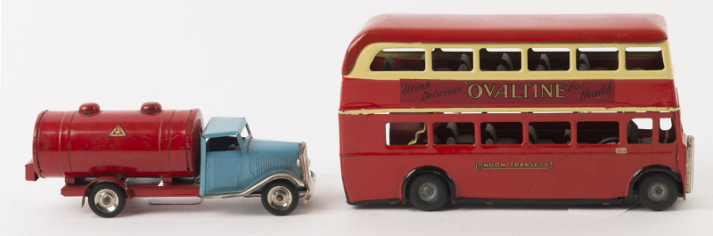 MINIC TOYS (TRI-ANG): 'L BROS' wind-up petrol tanker (with key), length 15cm; also pressed steel wind-up London double-decker (with key) bus, Bovril & Ovaltine advertising, length 19cm, height 10cm; c.1950s. (2)