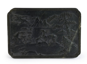 A Chinese carved spinach jade plaque with deer in landscape, Qing Dynasty, 19th century, ​13.5cm high, 19.5cm wide