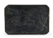 A Chinese carved spinach jade plaque with deer in landscape, Qing Dynasty, 19th century, ​13.5cm high, 19.5cm wide