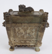 A Chinese carved gray jade censer with dark russet inclusions. Adorned with mythical animal face masks, Chi-Long lion cub finial with carved lion feet, Kui dragon handles and archaic Taotie panels, Qing Dynasty 19th/20th century, 21cm high, 22cm wide - 3