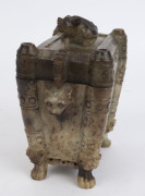 A Chinese carved gray jade censer with dark russet inclusions. Adorned with mythical animal face masks, Chi-Long lion cub finial with carved lion feet, Kui dragon handles and archaic Taotie panels, Qing Dynasty 19th/20th century, 21cm high, 22cm wide - 4