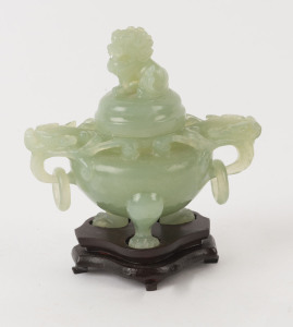 A Chinese carved green jade lidded censer with dragon handles and Chi-Long lion finial, 20th century,
