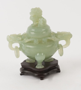 A Chinese carved green jade lidded censer with dragon handles and Chi-Long lion finial, 20th century, 