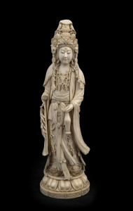 A Chinese finely carved ivory statue of GUI-FEI YANG standing on lotus base, Qing Dynasty, 19th century. GUI-FEI YANG was the Imperial concubine and consort to Emperor Xuan-Zong (Tang Dynasty 713-756 C.E.). Know in Chinese folklore by several name including Yu-Huan Yang or her Daoist nun name Tai-Zhen. She is considered one of the four beauties in Chinese mythology. Signed on the base "Guang Fang" within a double square cartouche with two character mark. A/F. 21cm high