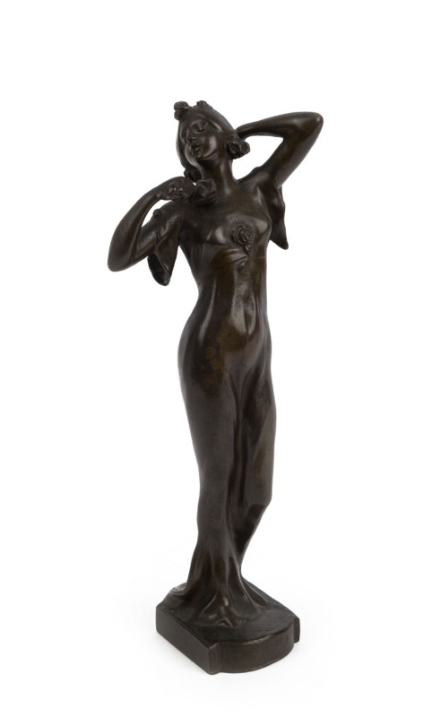 An antique French Art Nouveau statue of a lady, solid cast bronze, circa 1900, ​23cm high