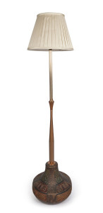 A vintage floor lamp, ceramic base with anodized metal column and wooden fittings, circa 1965, ​136cm high