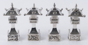 Set of four Chinese silver pagoda shaped condiments, early 20th century, stamped "Sterling", 7cm high, 104 grams total